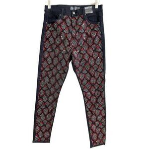 TOPSHOP Jeans Red Rhinestone Front High Waist Black Skinny Jeans SZ 32 NWT